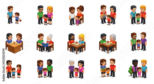Vector Icons Set of Isometric Pixelated Family Moments Depicting Various Activities and Relationships. Vector Illustrations