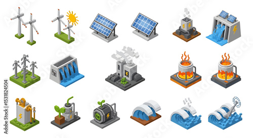 Vector Icons Set of Isometric Renewable and NonRenewable Energy Sources Wind Solar Hydro Nuclear Geothermal. Vector Illustrations