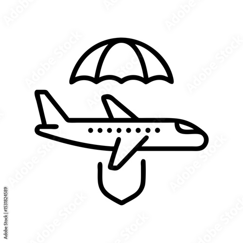 Airplane icon with parachute symbolizing travel insurance concept  