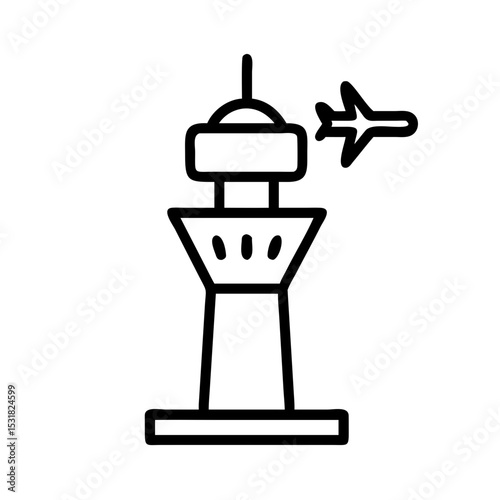 Airport control tower illustration with airplane flying above  