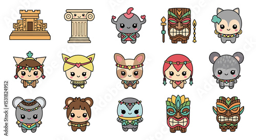 Vector Icons Set of Kawaii Tribal Animal Characters and Ancient Structures. Vector Illustrations