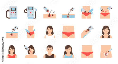 Vector Icons Set of Laser Hair Removal Process Illustrated Guide for Men and Women. Vector Illustrations