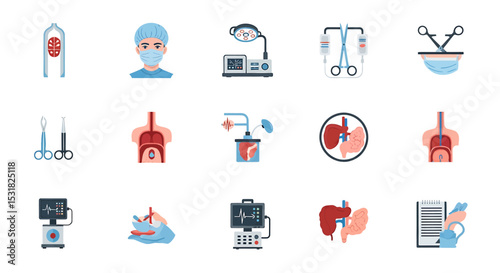 Vector Icons Set of Medical Icons Depicting Surgical Tools Organs and Healthcare Equipment. Vector Illustrations