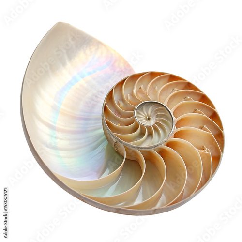 Nautilus Shell: Perfect Spiral, Golden Ratio, Ocean Treasure, Nature's Geometry, Marine Life, Close-up on transparent background