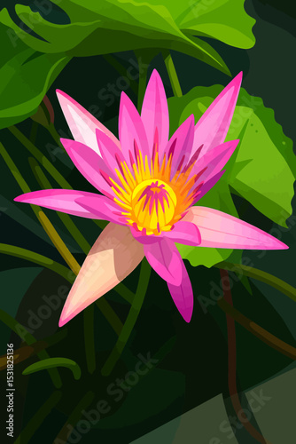 This is a vibrant digital illustration of a blooming pink water lily. The flower features numerous slender petals in soft pink to deep magenta shades, radiating outward around a vivid yellow and