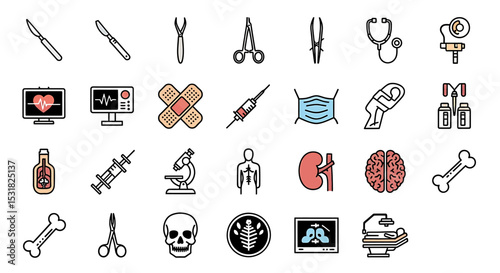 Vector Icons Set of Medical Icons Scalpels Forceps Stethoscope Monitor Syringe Mask Skull Bones and Human Organs. Vector Illustrations