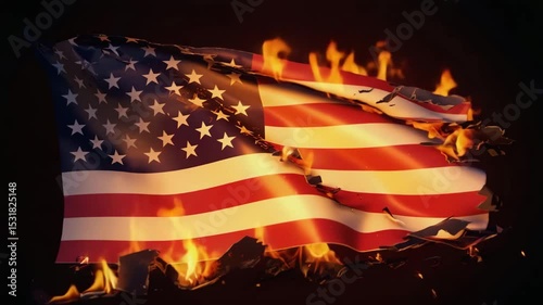 Burning American Flag Symbolizing Protest or Conflict
