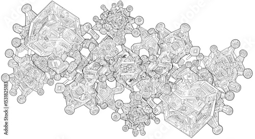 Complex abstract geometric structure with intricate patterns and sharp edges in a monochrome sketch style illustration