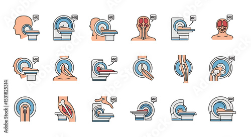Vector Icons Set of Medical Illustrations of MRI Scans Depicting Human Anatomy and Procedures. Vector Illustrations