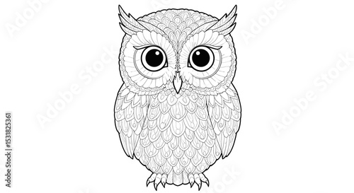 Detailed line art of an owl with intricate feather patterns and large eyes, showcasing symmetry and geometric shapes, creating a captivating illustration