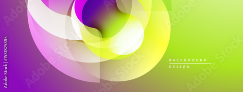 Abstract colorful shapes overlap, creating dynamic visual flow. Gradient transitions blend purple, green, yellow hues. Modern design element.