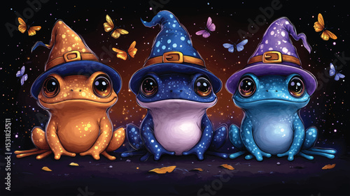 Trio of Cartoon Frogs in Halloween Costumes.