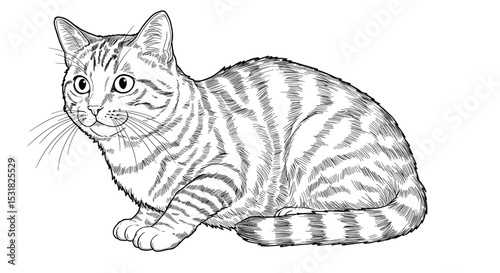 Striking line art illustration of a tabby cat with detailed stripes and expressive eyes in a poised pose