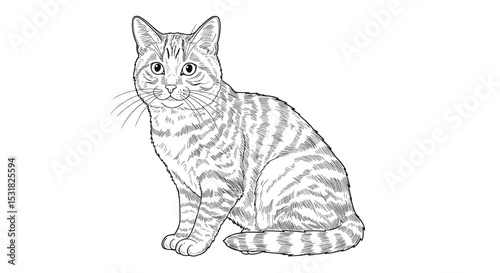 Detailed line art illustration of a tabby cat sitting and looking forward with intricate stripe patterns and expressive eyes