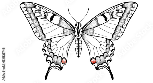Detailed line art illustration of a swallowtail butterfly with intricate wing patterns and delicate antennae design