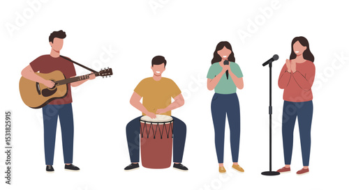 Musical Band Performance: Guitar, Drums, and Vocals