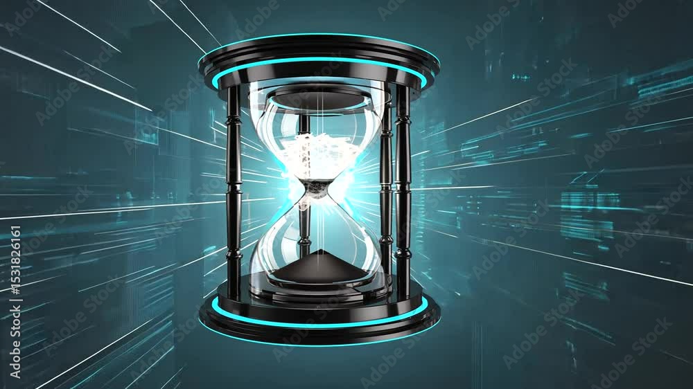 Futuristic hourglass in a digital landscape, symbolizing the passage of time and technology