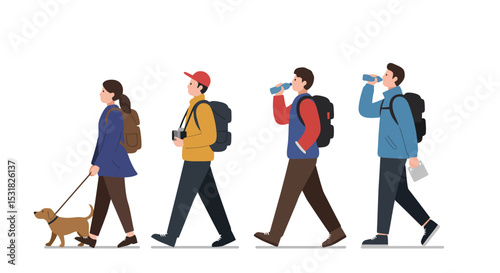 Group Hiking: Diverse People Trekking with Dog, Isolated