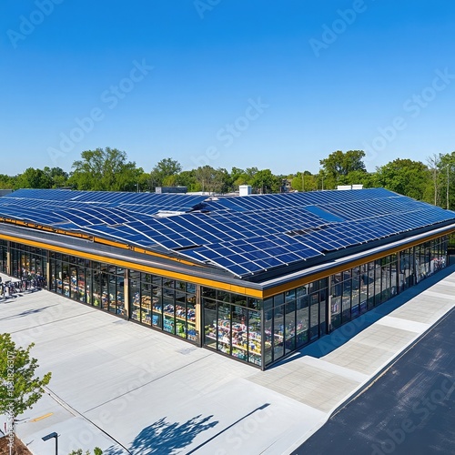 Retail stores powered by solar energy featuring smart green systems, eco-friendly operations, clean technology, and sustainable urban shopping 