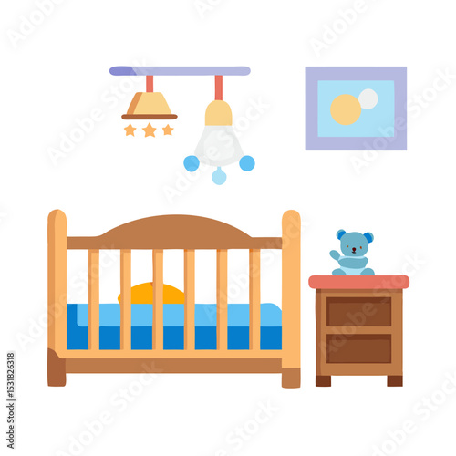 Vector Icons Set of Nursery Room Setup Crib Nightstand and Mobile. Vector Illustrations