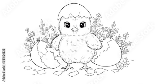 Adorable Chick Hatching from Egg Surrounded by Flowers Detailed Line Art for Easter and Spring Season