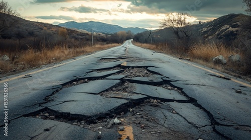 Cracked and crushed asphalt road after an earthquake with a dramatic perspective showing its destruction