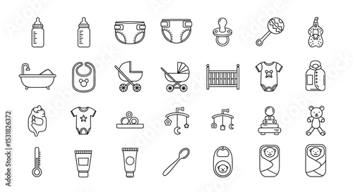 Vector Icons Set of Outlined Baby Essentials Collection Feeding Comfort and Care Icons. Vector Illustrations