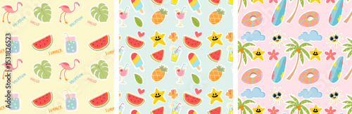 Set of Seamless pattern with summer elements. Creative vector texture with summer elements and items. Vector seamless summer pattern.