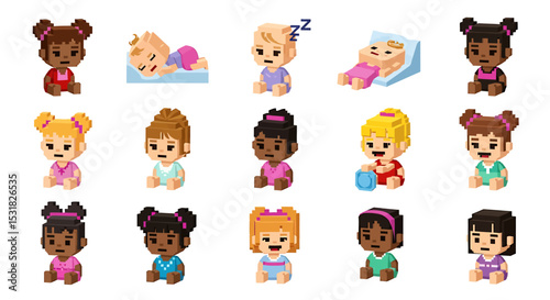 Vector Icons Set of Pixelated Babies in Various Poses Representing Childhood and Sleep. Vector Illustrations