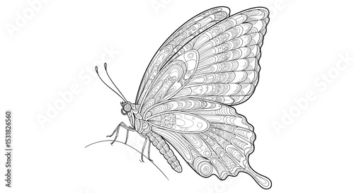 Intricate butterfly illustration with detailed wing patterns, delicate antennae, and stylized body design for art projects