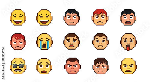 Vector Icons Set of Pixelated Faces Displaying a Range of Human Emotions. Vector Illustrations