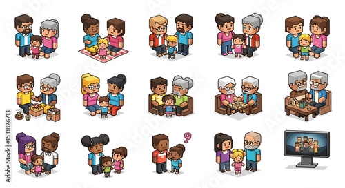 Vector Icons Set of Pixelated Families Diverse Generations and Activities in Isometric Illustrations. Vector Illustrations