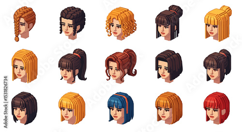 Vector Icons Set of Pixelated Female Head Portraits with Diverse Hairstyles. Vector Illustrations
