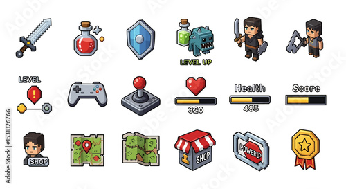 Vector Icons Set of Pixelated Game Interface Elements for a Fantasy Adventure. Vector Illustrations