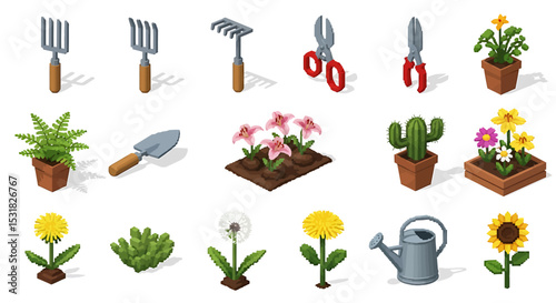 Vector Icons Set of Pixelated Garden Tools Plants and Flowers with Isometric Perspective. Vector Illustrations