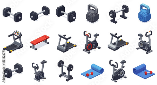 Vector Icons Set of Pixelated Gym Equipment Collection in Isometric View. Vector Illustrations