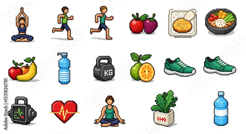 Vector Icons Set of Pixelated Icons of Healthy Lifestyle Choices Fitness and Wellness. Vector Illustrations