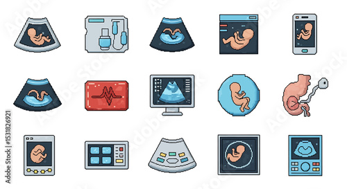 Vector Icons Set of Pixelated Ultrasound Icons Depicting Fetal Development and Medical Technology. Vector Illustrations