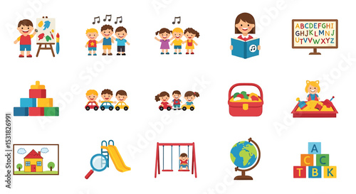 Vector Icons Set of Playful Children Engaging in Various Activities for Early Childhood Education. Vector Illustrations