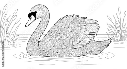 Elegant swan gliding peacefully on the water with intricate feather patterns and reeds in the background, a serene scene