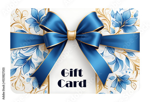 Ornate blue and gold floral gift card template with shiny bow and elegant background for holiday or business gifting