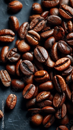 Roasted Coffee Beans Macro Close Up, Dark Textured Background, Rich Aroma, Fresh
