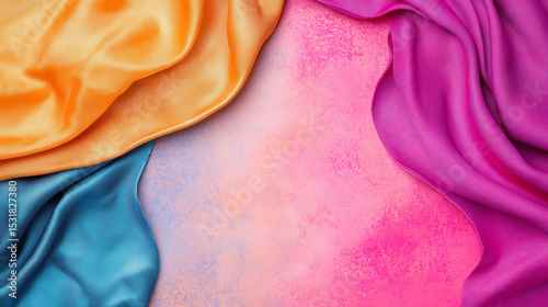 Bright background with colorful fabric frame with orange, pink, and blue textures for artistic and holiday design