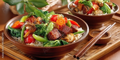 A bowl of mixed Asian food including stir-fried vegetables, rice, and tofu served with chopsticks on a bamboo tray.