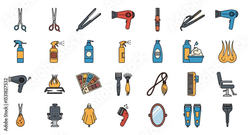Vector Icons Set of Stylized Icons of Hairdressing Tools and Salon Equipment Colorful and Detailed. Vector Illustrations