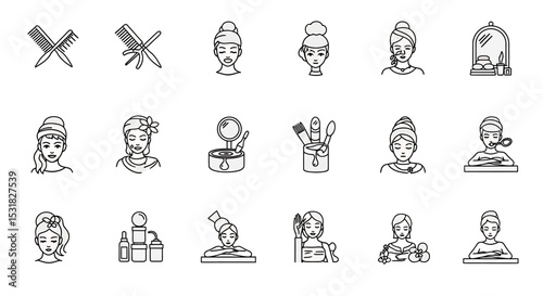 Vector Icons Set of Spa and Beauty Line Art Icons Hair Combs Facial Masks and Skincare Products. Vector Illustrations