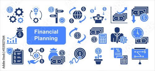 Financial planning icon collection set. Containing retirement, accounting, implementation, structure, insurance, tax receipt, planner icon. Simple line vector.
