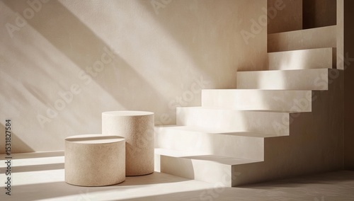 Minimalist Interior Scene with Cylindrical Display Podiums and Architectural Stairs