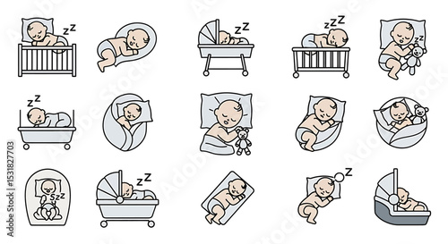 Vector Icons Set of Various Sleeping Baby Illustrations in Different Positions and Sleep Settings. Vector Illustrations
