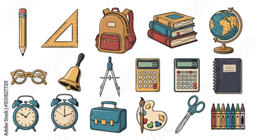 Vector Icons Set of Vibrant Collection of School Supplies and Learning Tools. Vector Illustrations